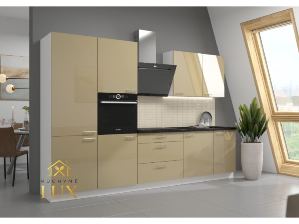 Lara 3 - Kuchyňská linka 280 cm, Bílá + Cappucino lesk