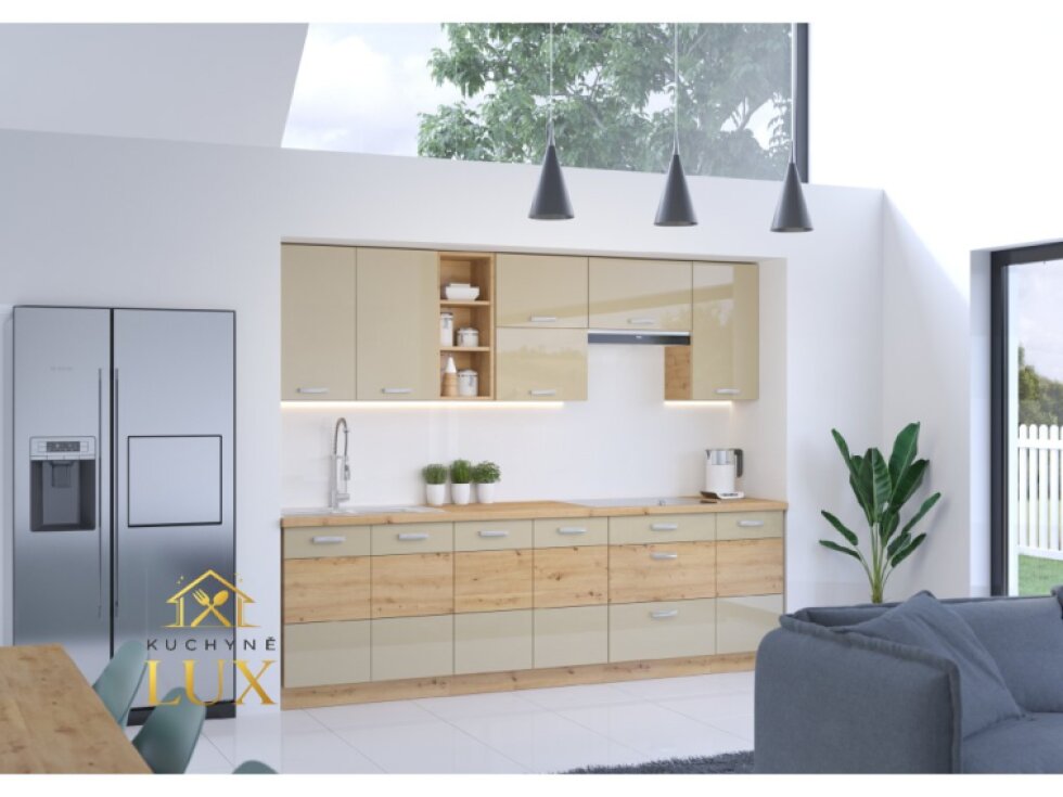 Kuchyňská linka Artisan 260 cm - Dub Artisan & Cappuccino Lesk