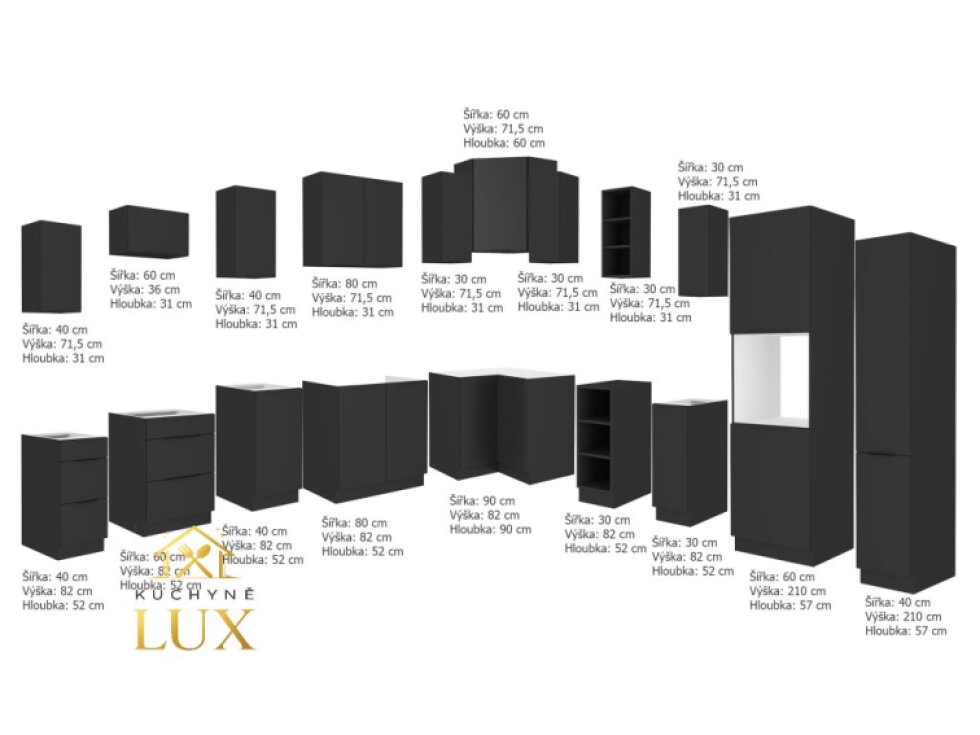 Rohová kuchyňská linka Siena 2 - 310x250 cm, černá matná