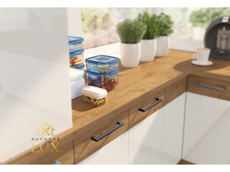 Rohová kuchyňská linka Vigo 3 - Bílý Lesk a Dub Lancelot