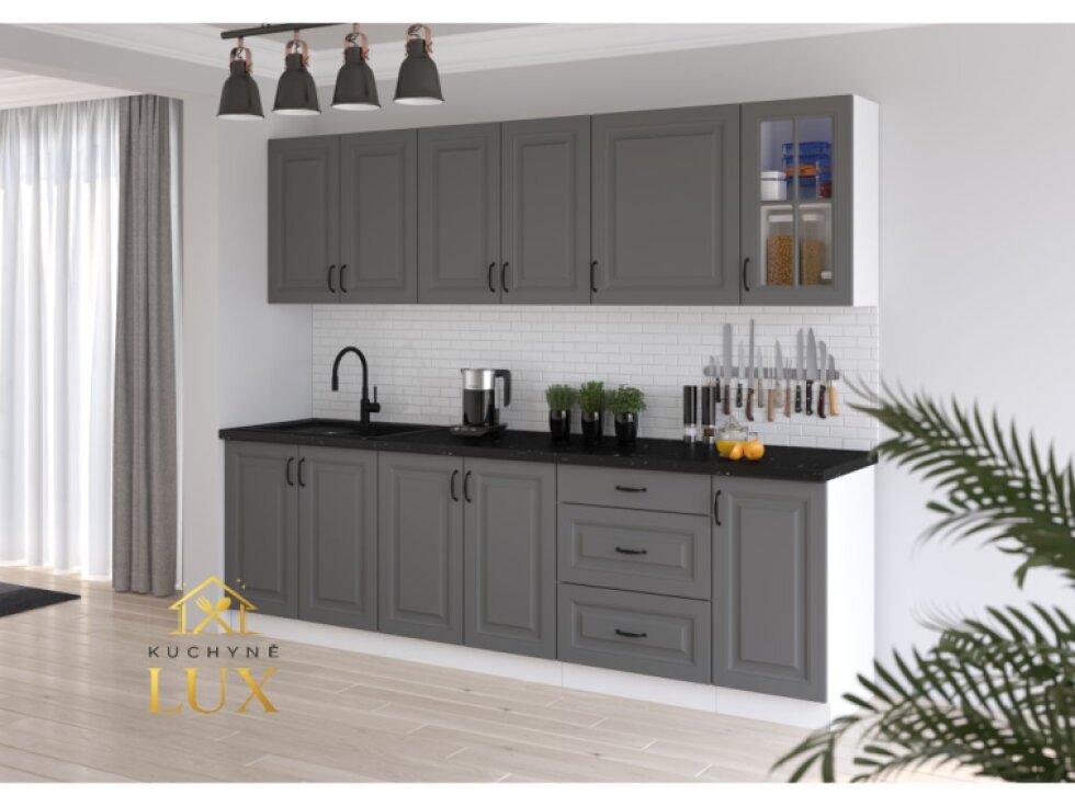 Kuchyňská linka Stilo 3 - 260 cm, Bílá + Dust Grey, Moderní Design