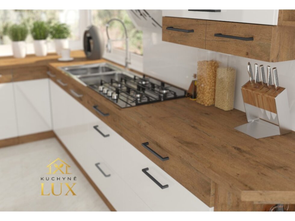 Rohová kuchyňská linka Vigo 3 - Bílý Lesk a Dub Lancelot