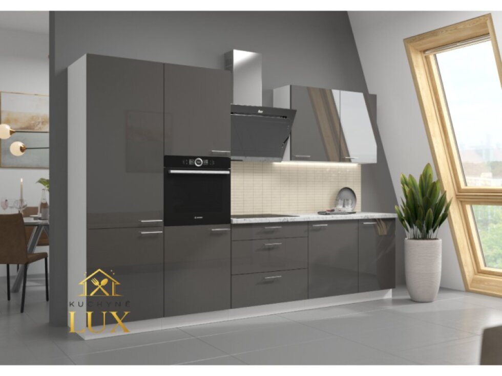 Kuchyňská linka Lara 3 - Bílá a Šedý Lesk, 280 cm