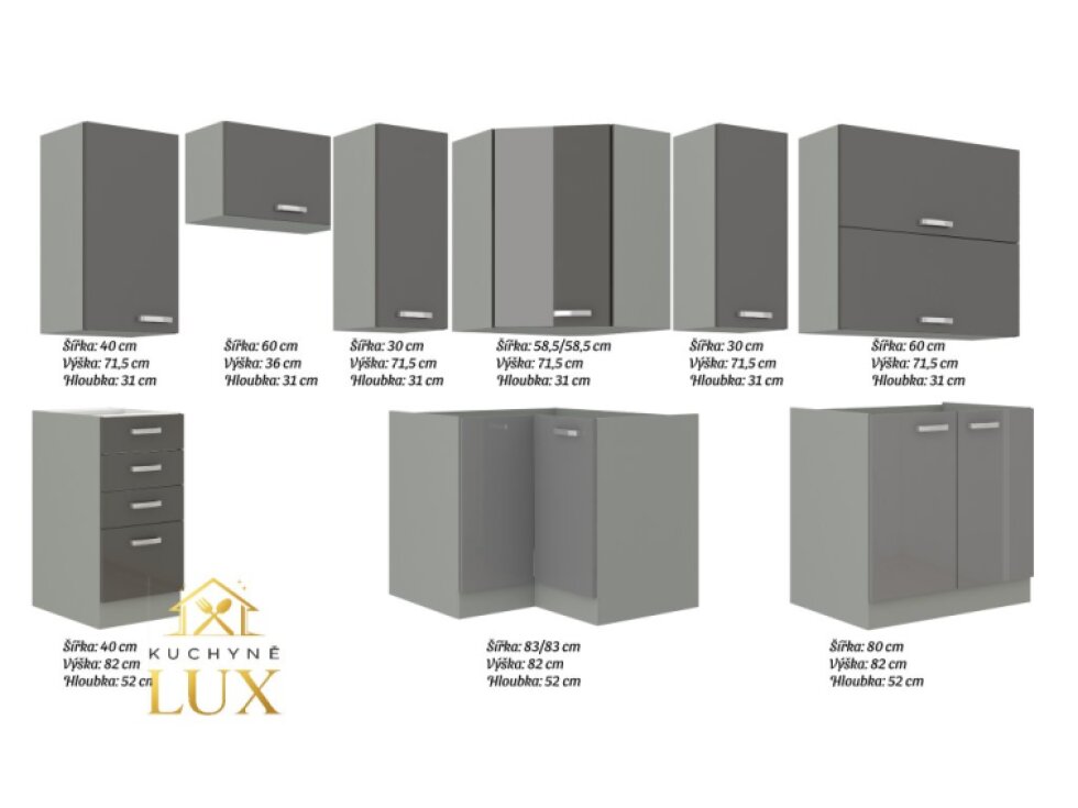 Rohová kuchyňská linka Grey 2 - 190x170 cm, moderní šedý lesk