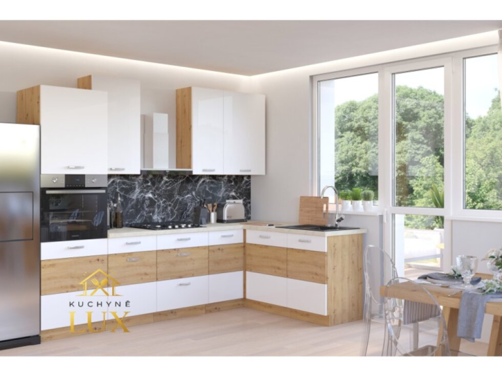 Rohová kuchyňská linka Artisan 1 - Dub Artisan a Bílý Lesk, 275 x 140 cm