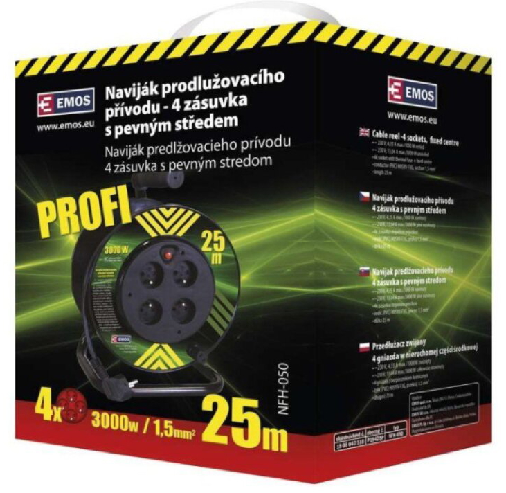 Kabel prodlužovací PVC na odvíjecím bubnu 4 zásuvky pevný střed 25m