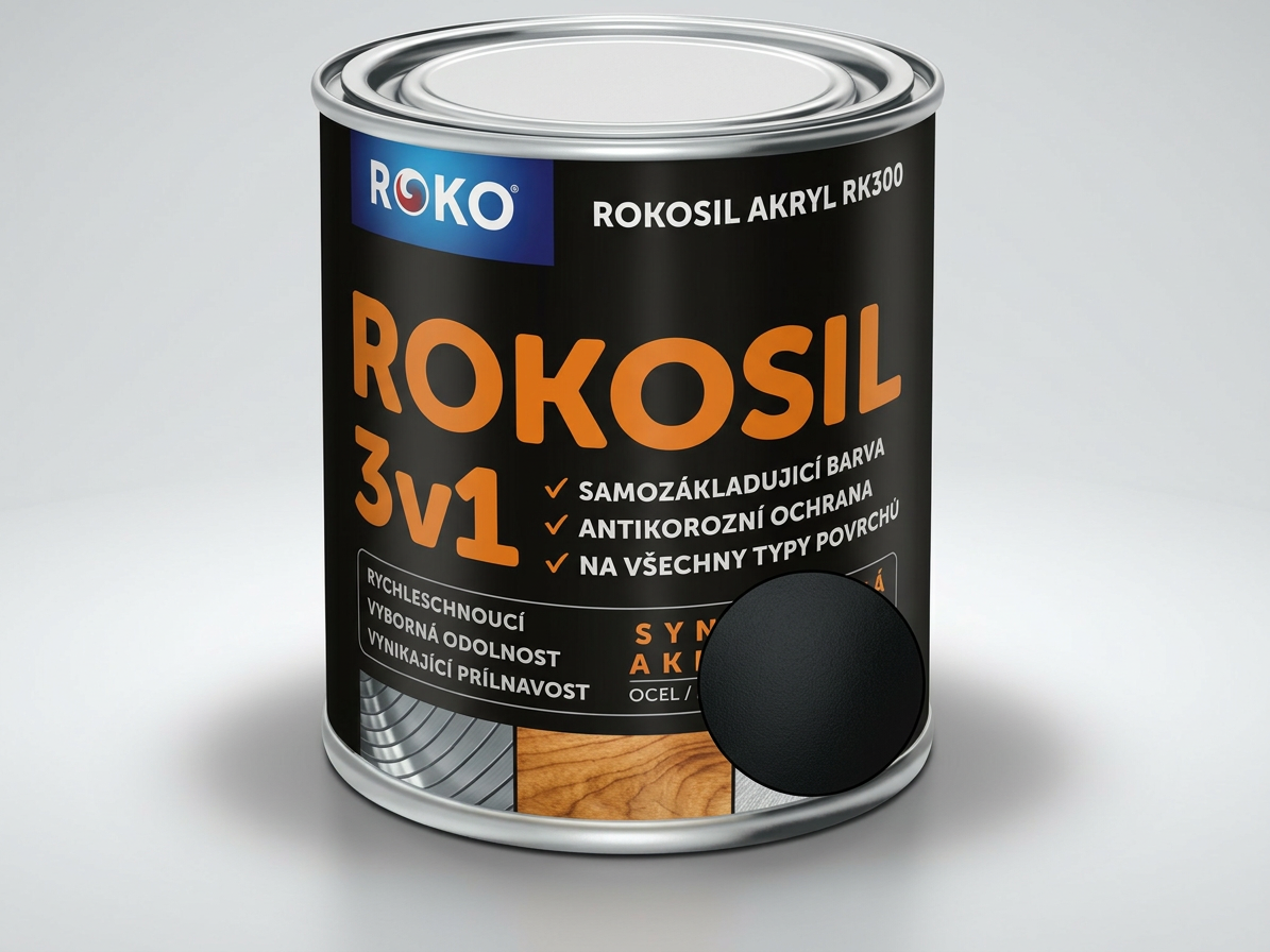 Barva samozákladující Rokosil akryl 3v1 RK 300 1999 černá mat 0,6 l