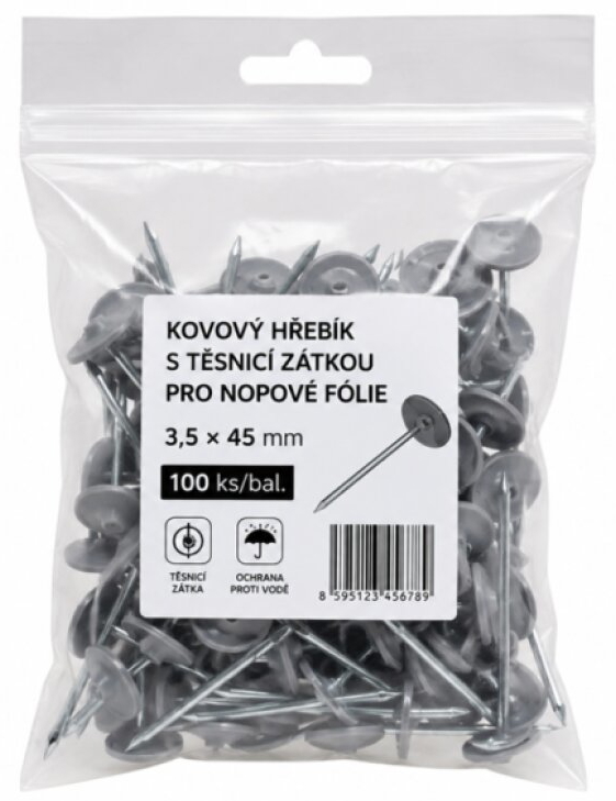 Kovový hřebík s těsnicí zátkou pro nopové fólie 3,5 × 45 mm 100 ks/bal.