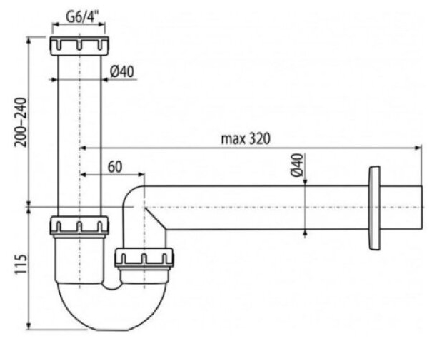 Sifon dřezový trubkový Alca A80 DN 40 s převlečnou maticí 6/4"