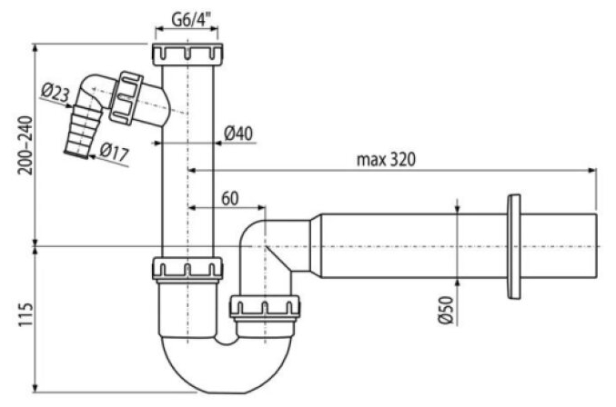 Sifon dřezový trubkový Alca A80 DN 50 s převlečnou maticí 6/4"