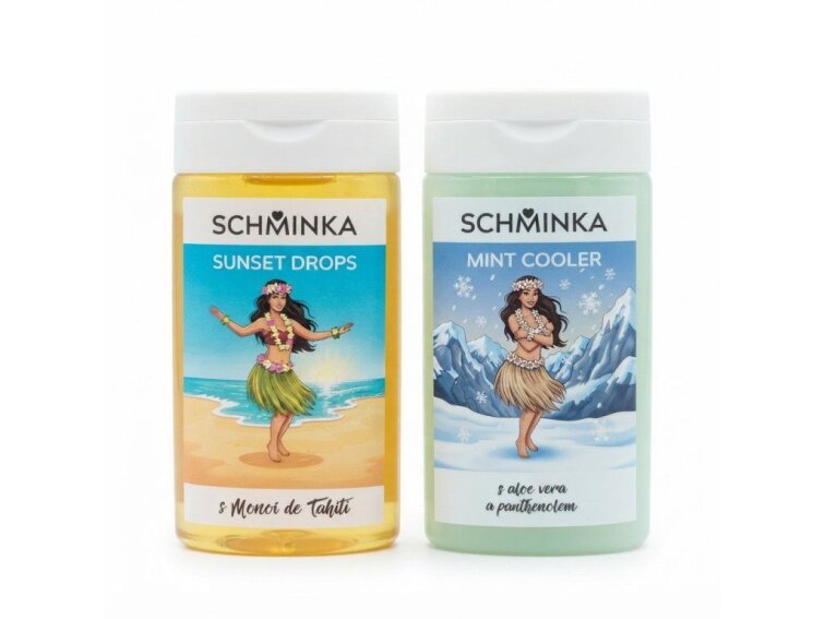 Sprchové gely Schminka Sunset Drops a Mint Cooler stojící vedle sebe