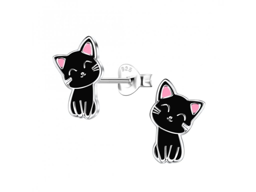 Dětské stříbrné náušnice Kočičky černé