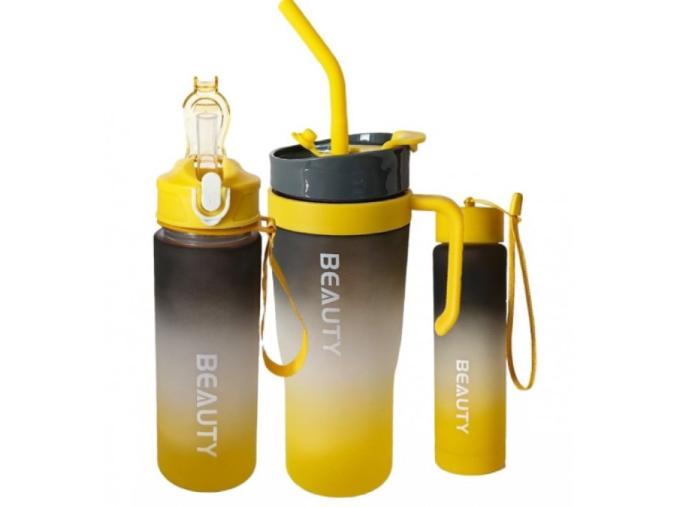 Láhev na vodu Bidon ombre 3v1 Hrnček s držákem a brčkem s měrkou přenosný BD13WZ3