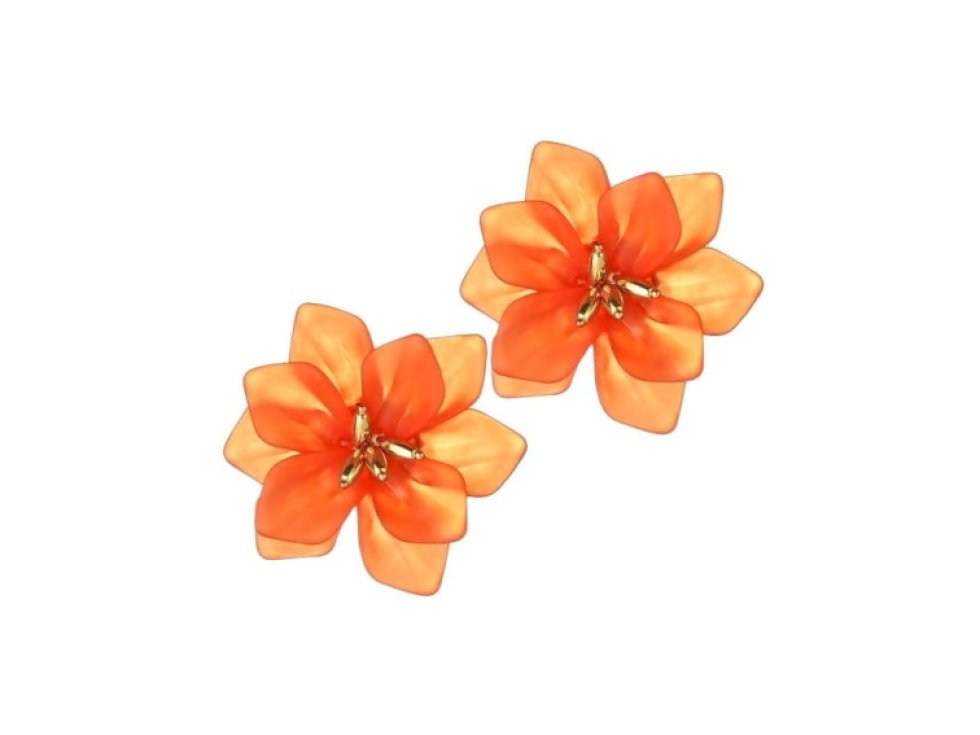 Retro Náušnice s Letními Květinami v Boho Stylu, Oranžová, Kov a Akryl, 5x6 cm