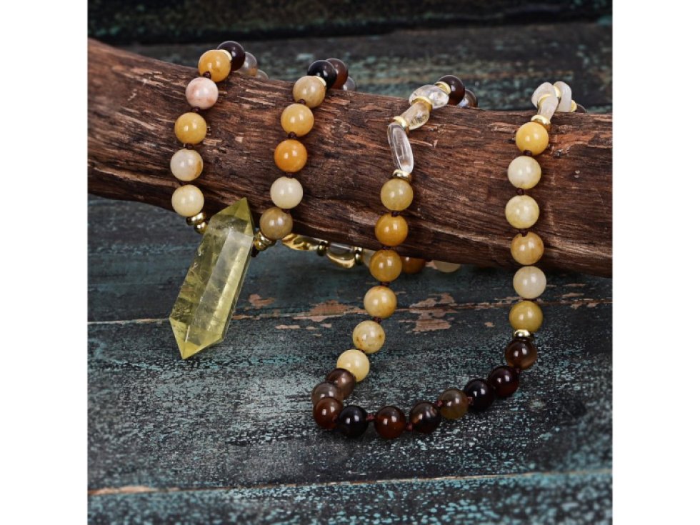 Náhrdelník z pravých kamenů: Žlutý fluorit, žlutý krystal, avanaturín, achát, měď, 85 cm