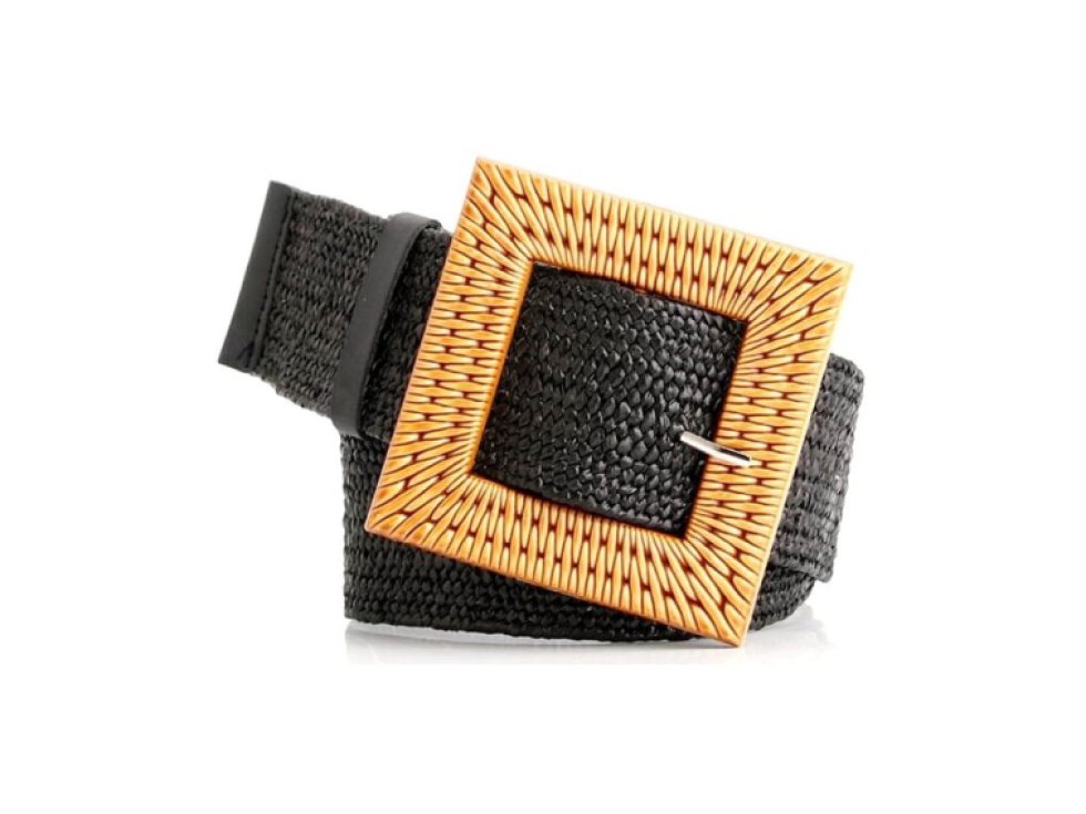 Široký popruh ze slámy s čtvercovou přezkou, elastický, pro šaty