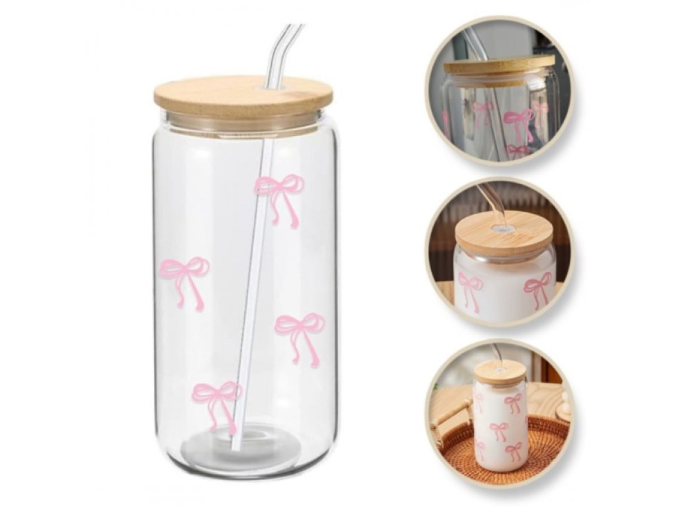 Sklenice, růžové mašličky - s brčkem a bambusovým víčkem 500 ml - SZK131Název produktu: Sklenice s růžovými mašličkami a brčkem 500 ml