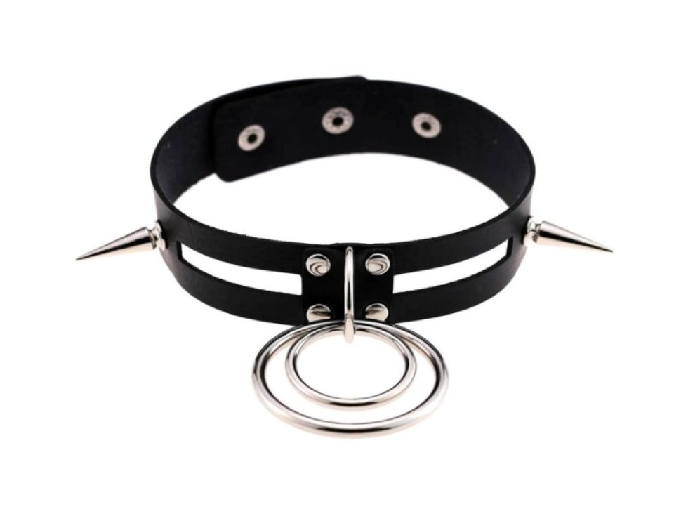 Gotický kožený náhrdelník s kruhy a ostny, černý, šířka 2,8 cm, délka 39 cm