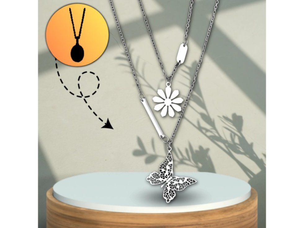 Náhrdelník stříbrný z chirurgické oceli dámský dvojitý květ motýl Dvojitý květinový motýlí náhrdelník z chirurgické oceli