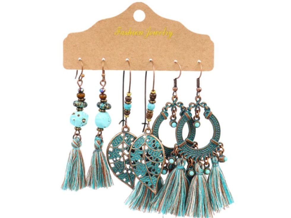 Ručně Malované Etnické Náušnice Boho - Tyrkys I, 3 páry, Rozměry 5-7.5 cm