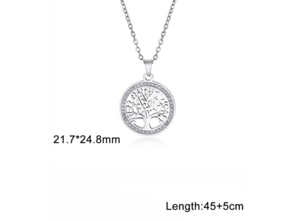 Náhrdelník s přívěskem stromek z chirurgické oceli, stříbrný, zdobený zirkony