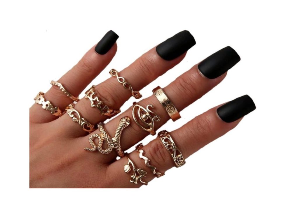 Sada 11 Punk Gothic Retro Prstenů, Zlatá Barva, Kovový Materiál, Velikosti 16-18 mm
