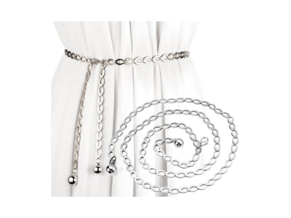 Dámský Stříbrný Opasek Řetěz, Kovový, Délka 110 cm, Šířka 0.8 cm
