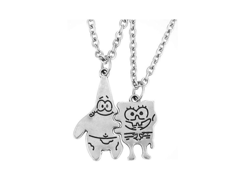 Dvojice Přátelských Náhrdelníků SpongeBob a Patrick, Stříbrná Barva, Délka 60 cm