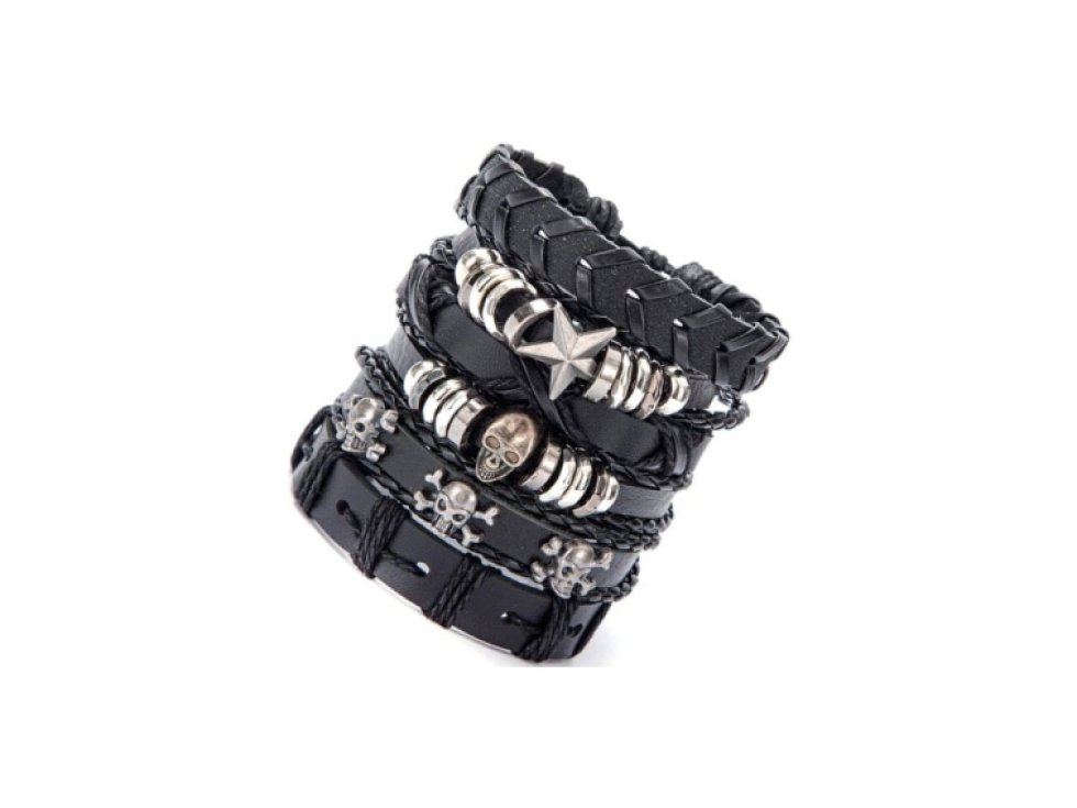 Pánský náramek PUNK set s černými lebkami, kůže a ocel, nastavitelná délka 15,5-16,5 cm