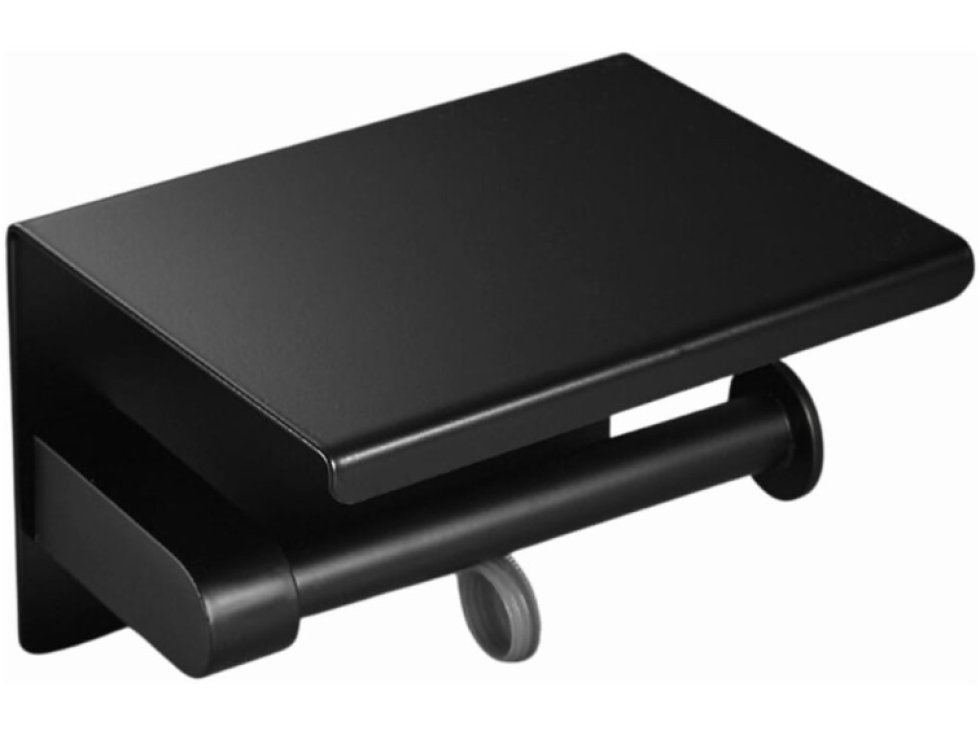 Nástěnný držák toaletního papíru s policí, černý, nerezová ocel, 14x9x7.5 cm