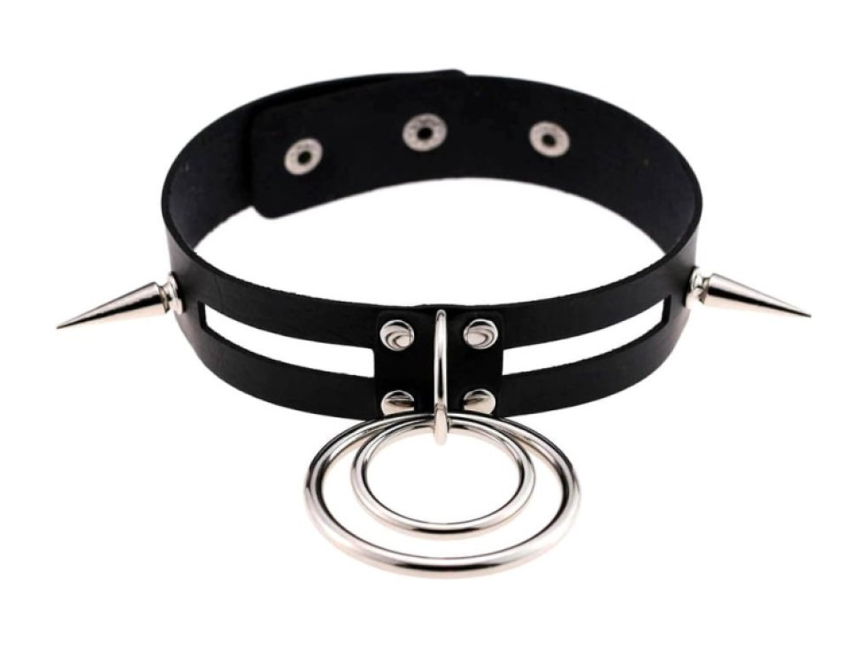 Gotický kožený náhrdelník s kruhy a ostny, černý, šířka 2,8 cm, délka 39 cm