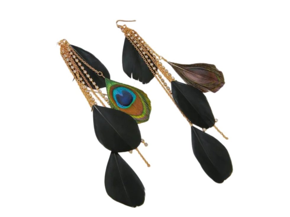 Dámské visací náušnice s peříčky. Paví oko, černé