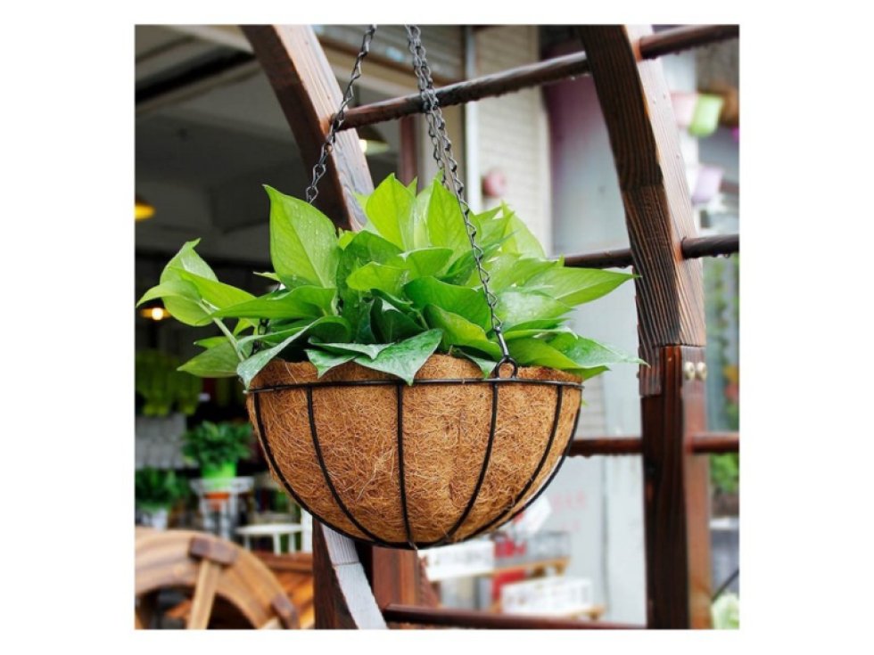 Závěsný koš na květiny - KVĚTINÁČ, černý, ocel, ø30,5 cm s vložkou z kokosového vlákna