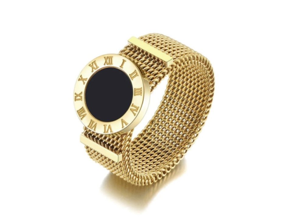 Zlatý prsten z chirurgické oceli 316L s motivem římských hodin, velikost 6, šířka 12 mm