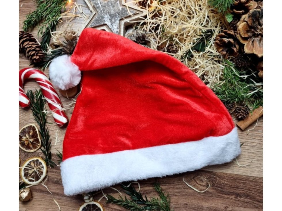 Unisex Santa Claus čepice z červeného veluru, 30x25 cm, s bílou syntetickou kožešinou