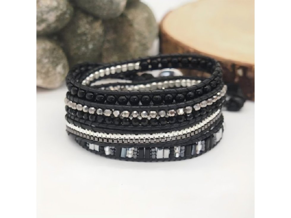 Wrap náramek Černý achát, Hematit, Unisex