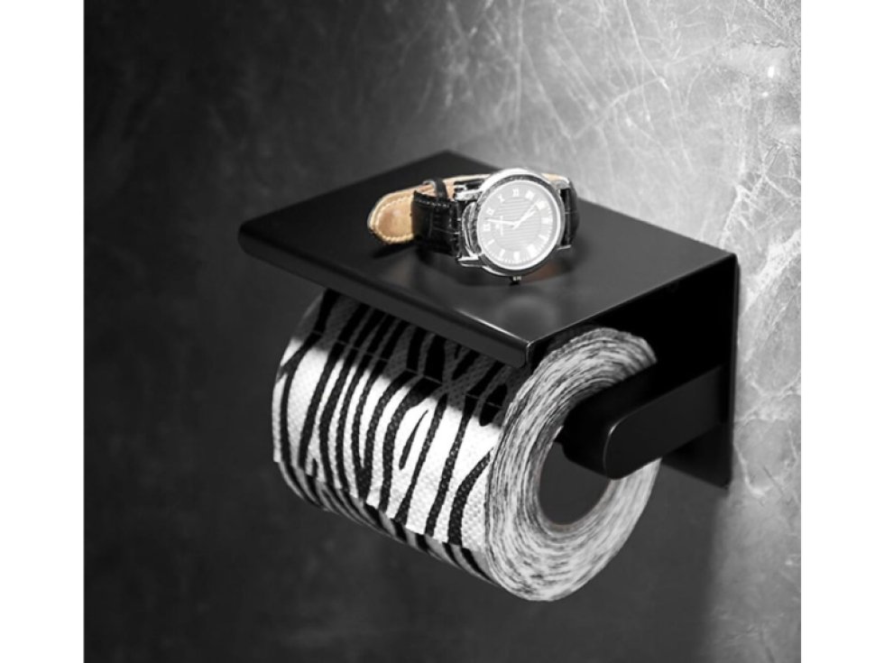 Nástěnný držák toaletního papíru s policí, černý, nerezová ocel, 14x9x7.5 cm