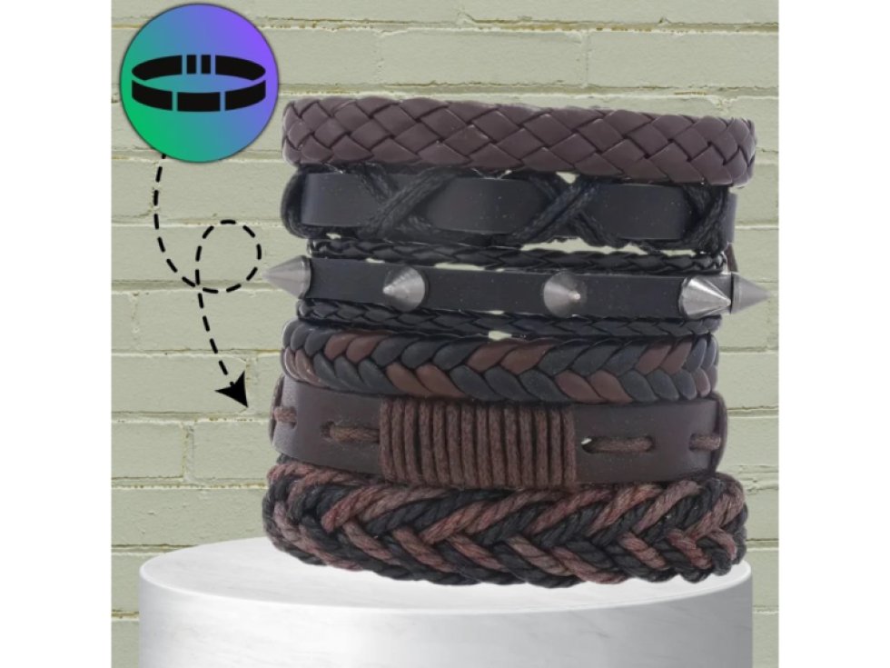 Sada 6 hnědých pánských kožených náramků s regulací