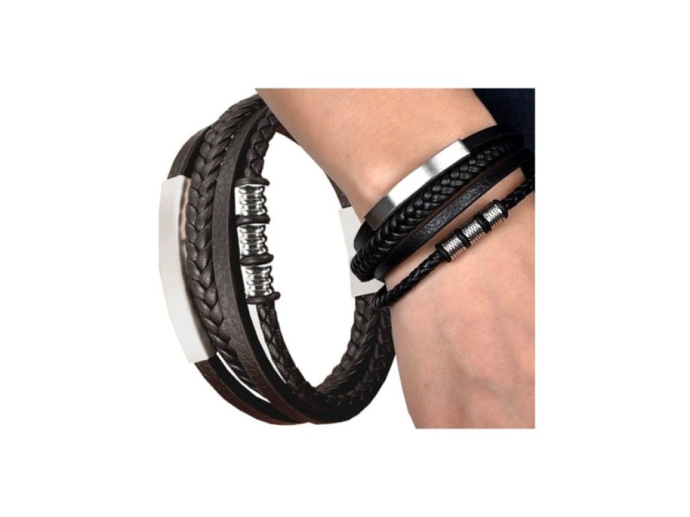 Pánský hnědý kožený náramek s magnetovým zapínáním z nerezové oceli, délka 21 cm