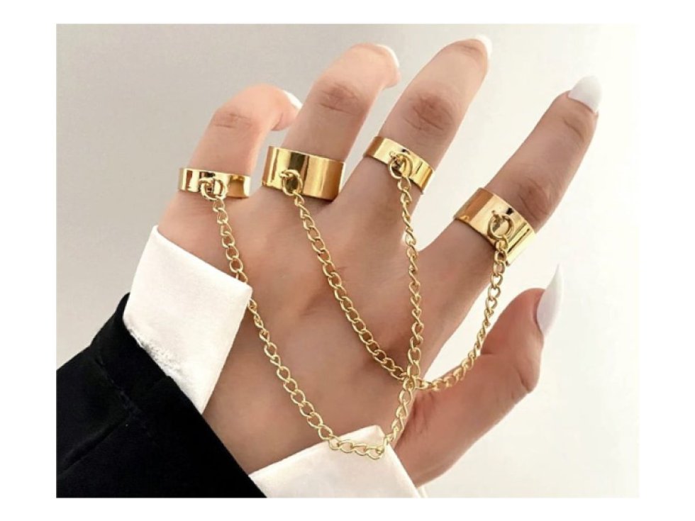 Sada 4 Punkových Prstenů v Retro Stylu, Zlatá Barva, Kov, Velikost 16-18 mm