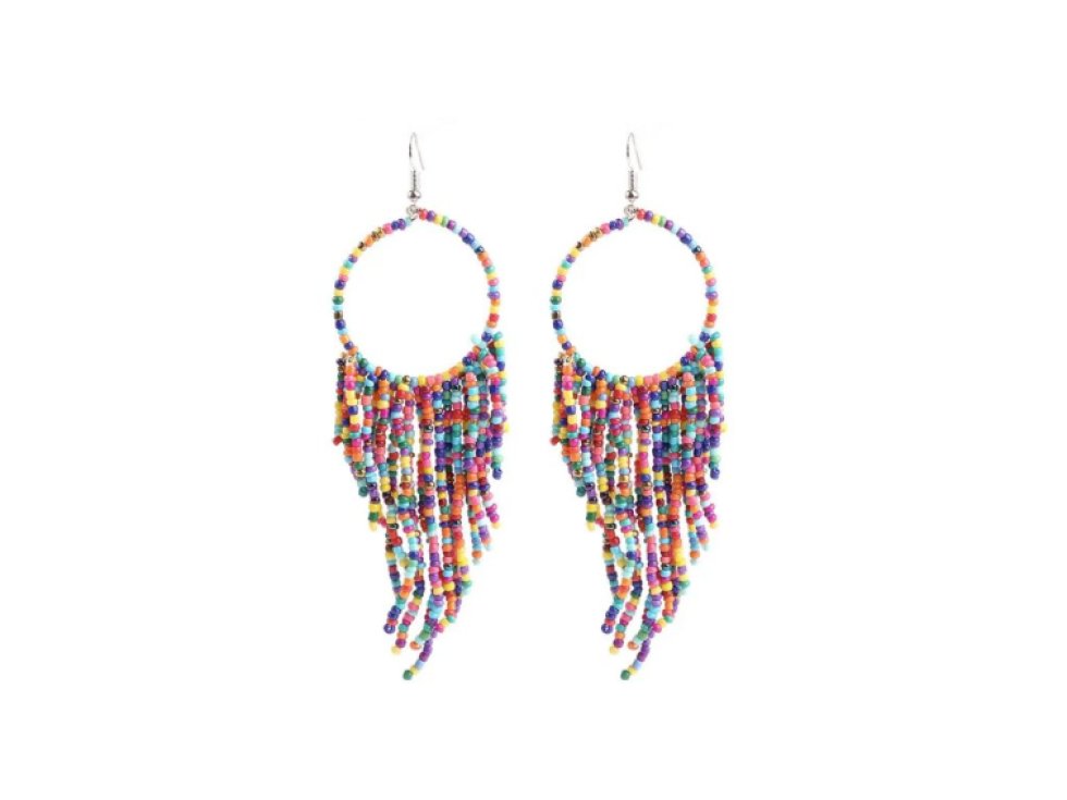 Dlouhé Boho Visací Náušnice v Orientálním Retro Stylu, Kov a Korálky, 13.5 cm x 3.5 cm. Barevné