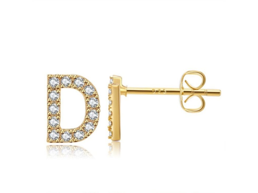 Náušnice z chirurgické oceli pozlacené 14karátovým zlatem, písmeno D, lesklé zlato, velikost 0.7 cm x 0.6 cm
