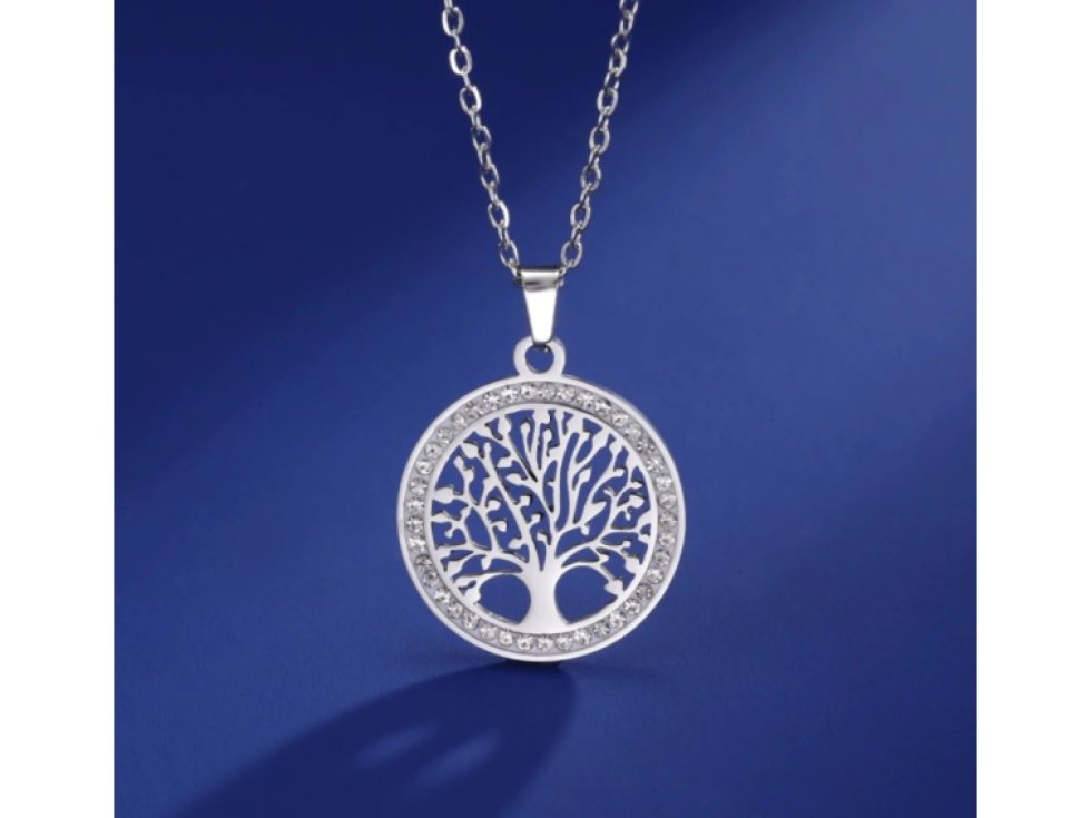 Náhrdelník s přívěskem stromek z chirurgické oceli, stříbrný, zdobený zirkony