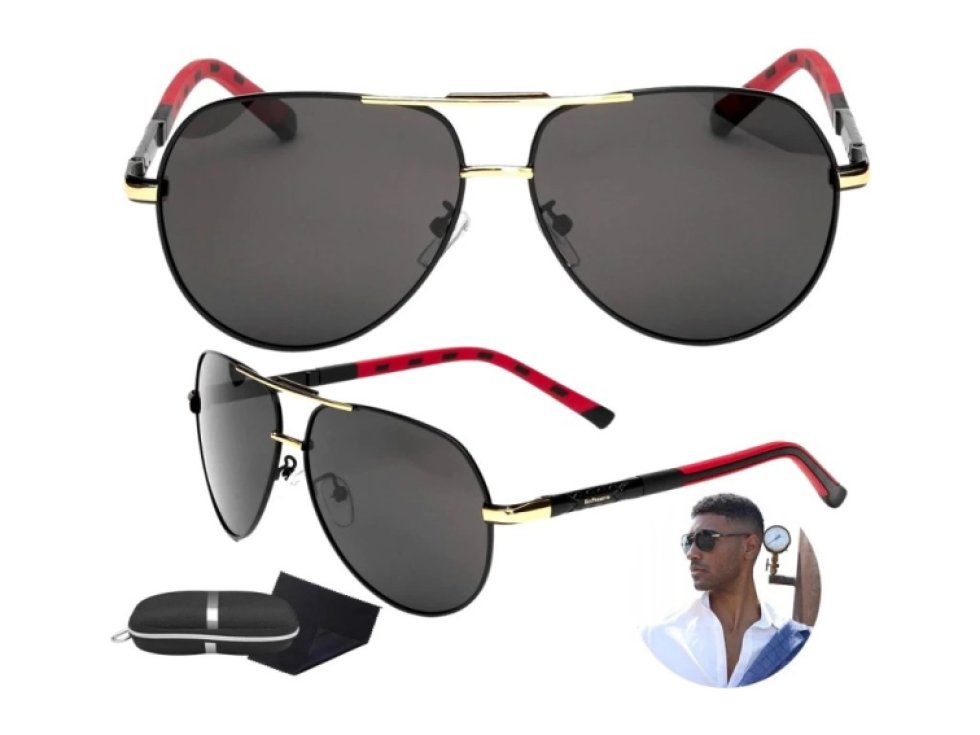 Pánské polarizační sluneční brýle pro piloty, černé s kovovými zorníky, UV filtr 400 kat. 3