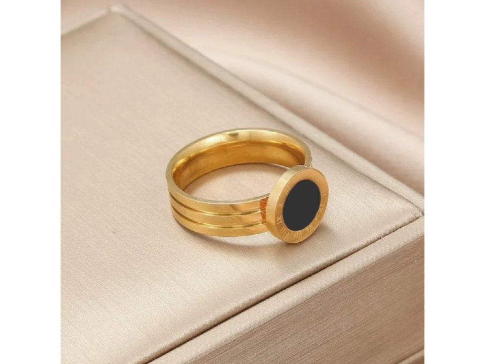 Elegantní zlatý prsten s motivem římských hodin, chirurgická ocel 316L, vnitřní průměr 14,3 mm