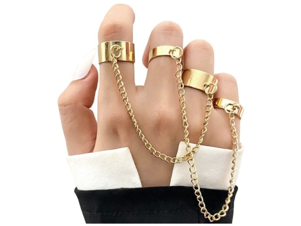 Sada 4 Punkových Prstenů v Retro Stylu, Zlatá Barva, Kov, Velikost 16-18 mm