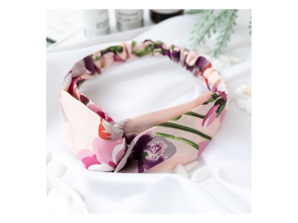 Látková čelenka turban s květinovým vzorem, šířka 5 cm, na gumce