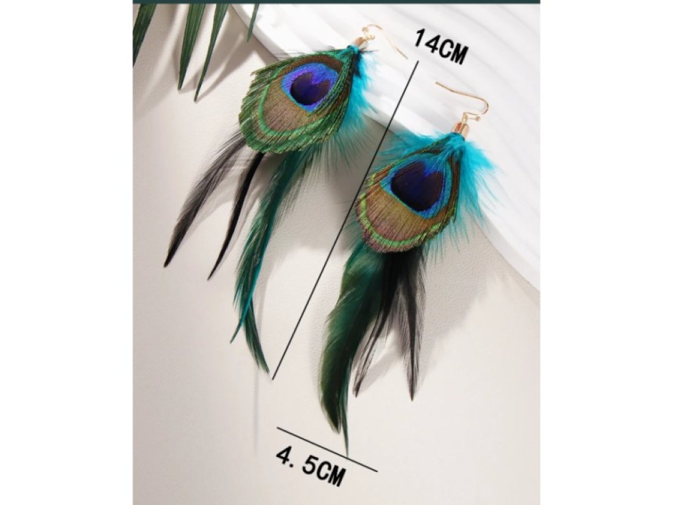 Dámské visací náušnice s peříčky. Paví oko zelené