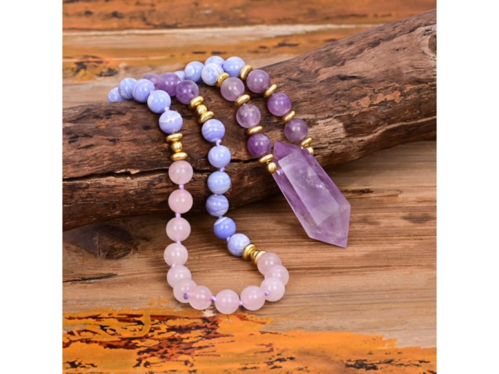 Náhrdelník z pravých kamenů: Ametyst, Achát, Růženín, 85 cm