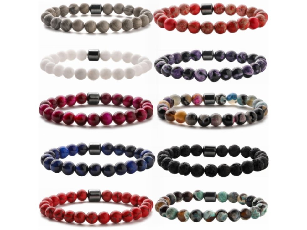 Náramek z pravých kamenů Ametyst a Hematit. Unisex